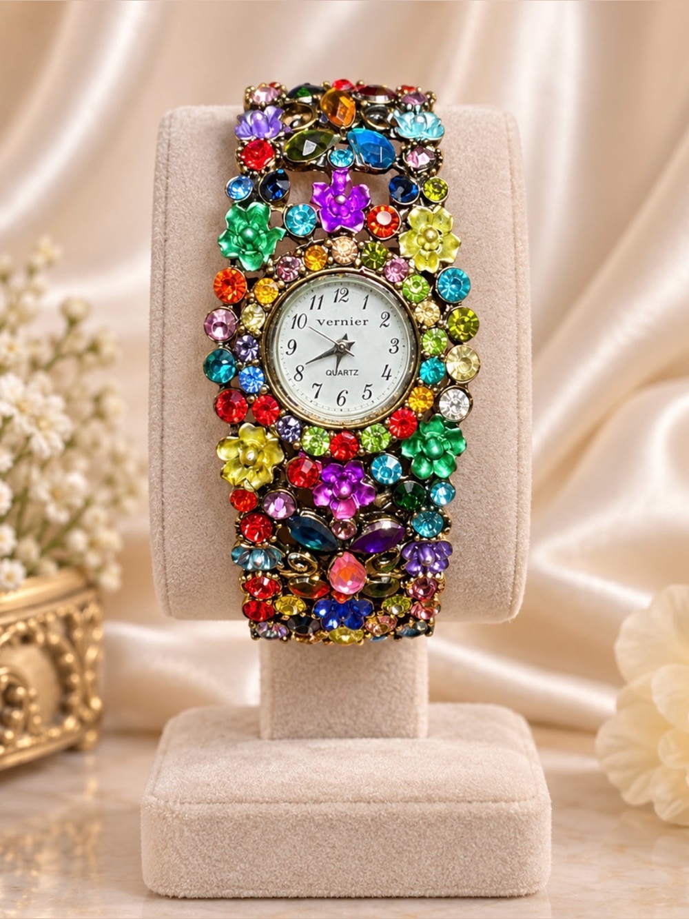 🤩Bracelet Watch Vintage Multicolor Crystals Flowers Gold-tone Clamper